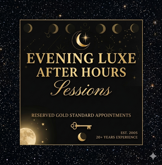 Promotional graphic for 'Evening Luxe After Hours Sessions' with celestial design elements on a dark background.