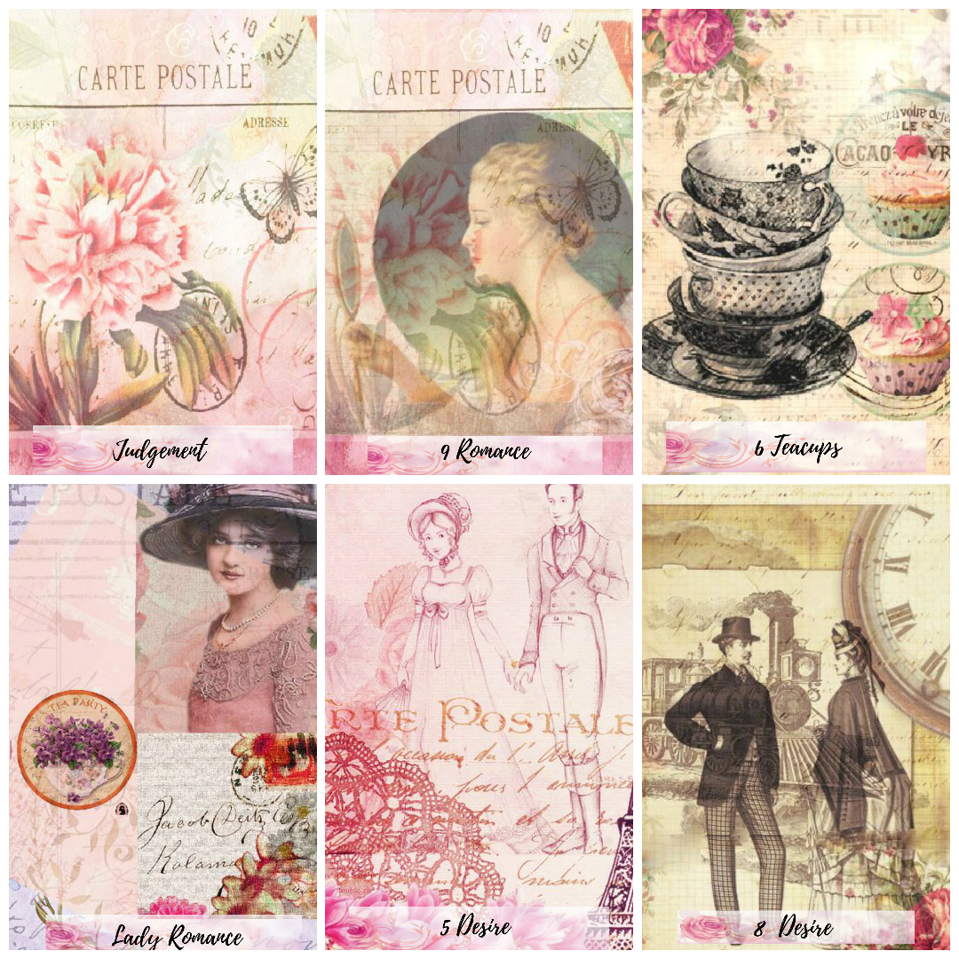 A collection of tarot cards with vintage love-themed illustrations, including depictions of romantic scenes and individuals.