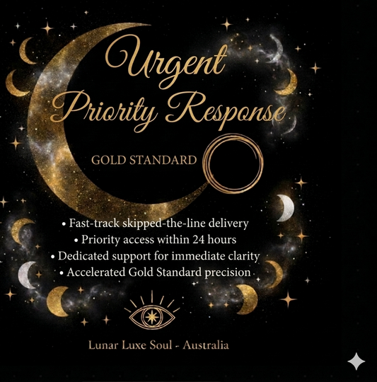 Promotional flyer for 'Urgent Priority Response' service with celestial design and gold text on a black background.